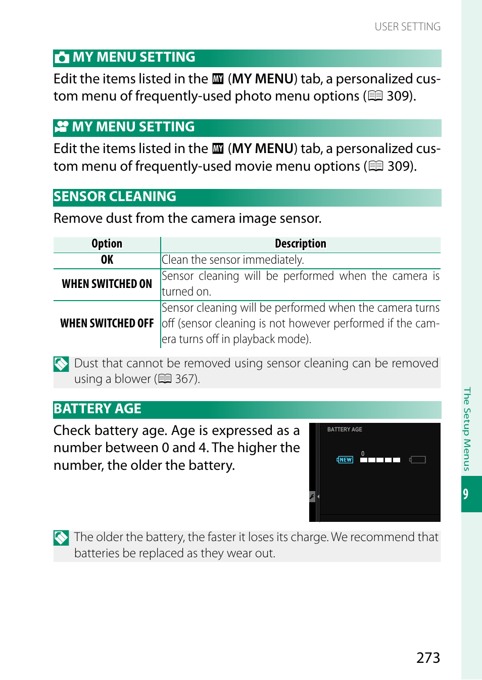 My menu setting, Sensor cleaning, Battery age | Sensor cleaning battery age | FujiFilm X-S20 Mirrorless Camera with 18-55mm Lens (Black) User Manual | Page 299 / 424