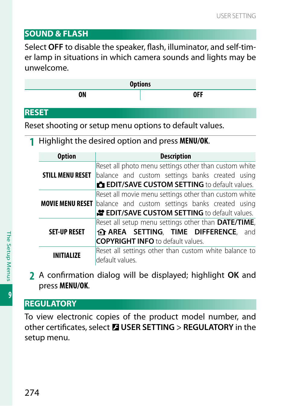 Sound & flash, Reset, Regulatory | Sound & flash reset regulatory | FujiFilm X-S20 Mirrorless Camera with 18-55mm Lens (Black) User Manual | Page 300 / 424