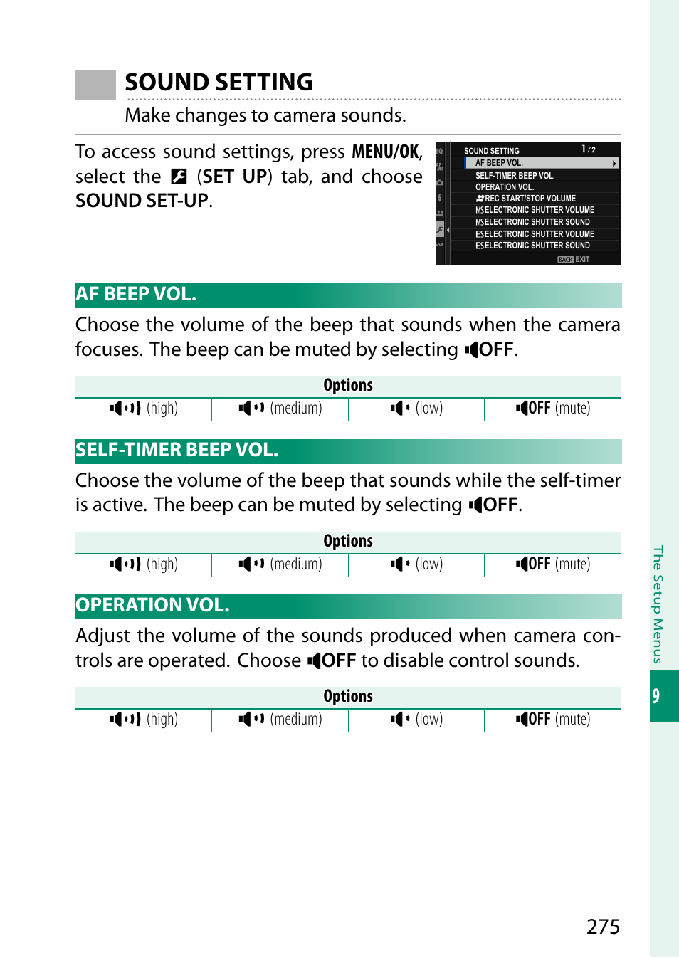 Sound setting, Af beep vol, Self-timer beep vol | Operation vol, Af beep vol self-timer beep vol operation vol | FujiFilm X-S20 Mirrorless Camera with 18-55mm Lens (Black) User Manual | Page 301 / 424