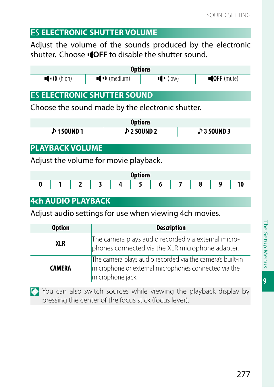 Electronic shutter volume, Electronic shutter sound, Playback volume | 4ch audio playback, Playback volume 4ch audio playback | FujiFilm X-S20 Mirrorless Camera with 18-55mm Lens (Black) User Manual | Page 303 / 424