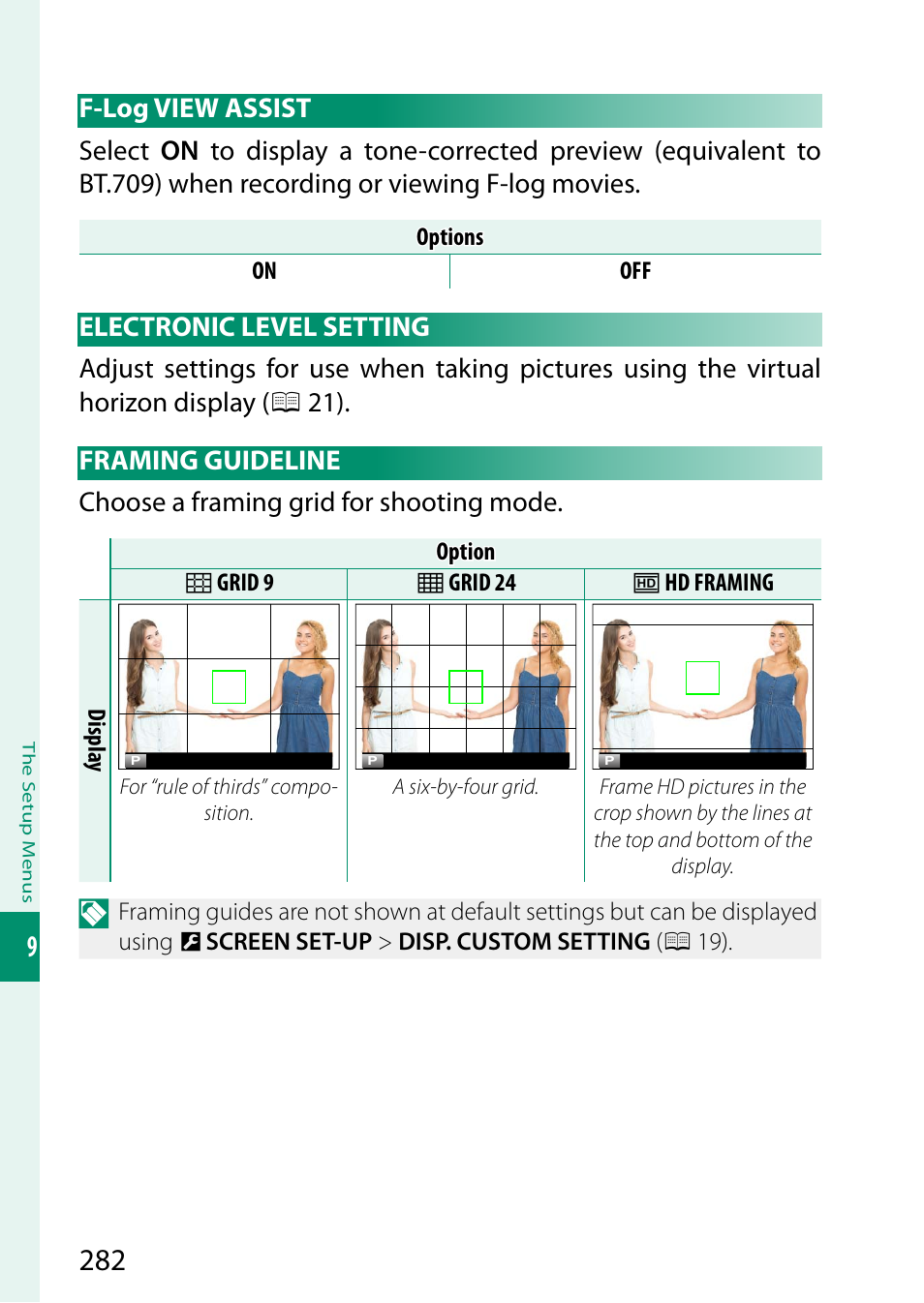 F-log view assist, Electronic level setting, Framing guideline | FujiFilm X-S20 Mirrorless Camera with 18-55mm Lens (Black) User Manual | Page 308 / 424