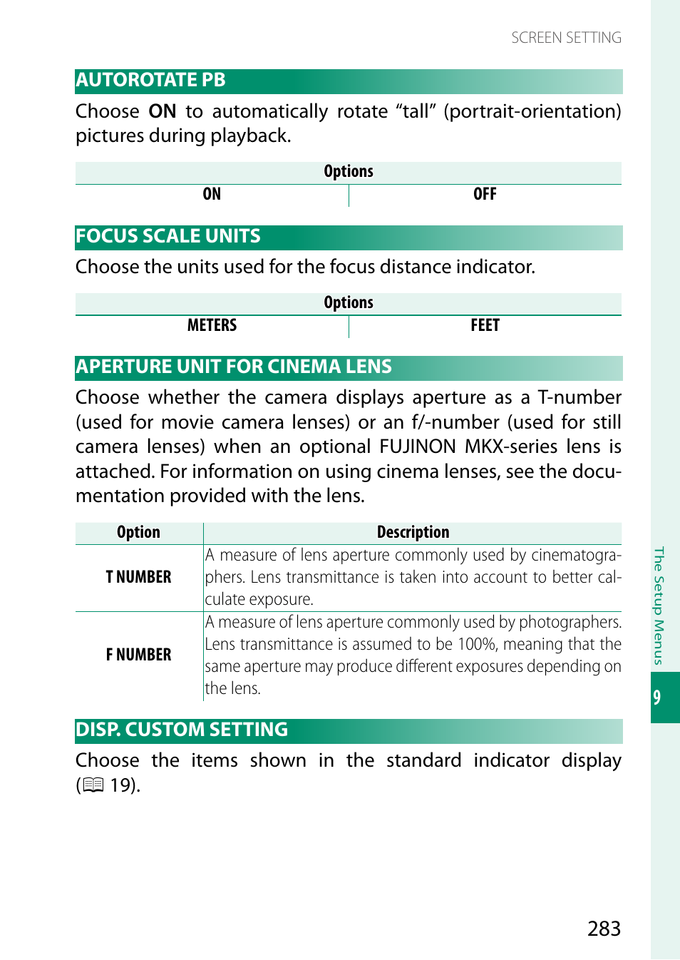 Autorotate pb, Focus scale units, Aperture unit for cinema lens | Disp. custom setting | FujiFilm X-S20 Mirrorless Camera with 18-55mm Lens (Black) User Manual | Page 309 / 424