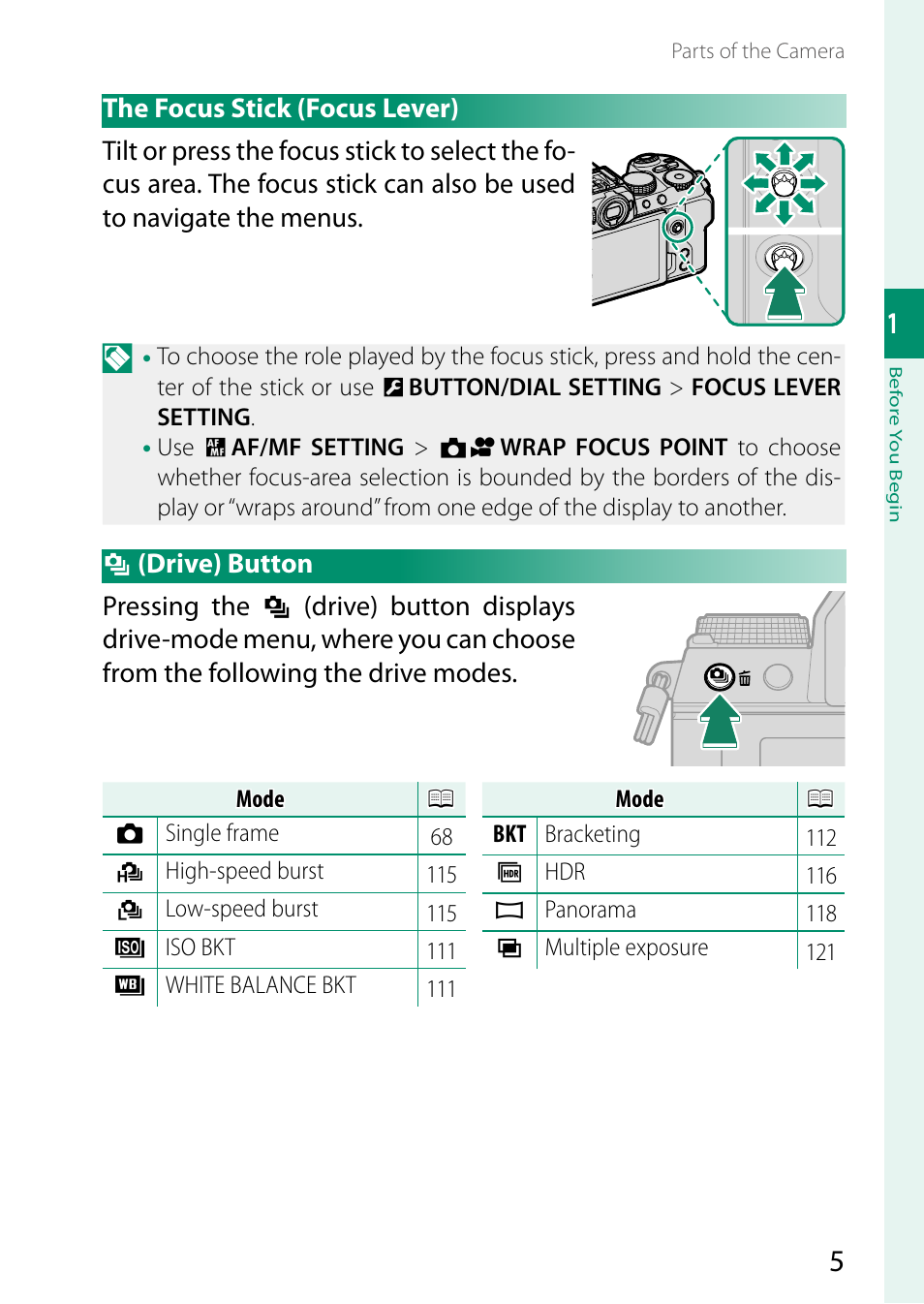 The focus stick (focus lever), Drive button, Drive) button | FujiFilm X-S20 Mirrorless Camera with 18-55mm Lens (Black) User Manual | Page 31 / 424