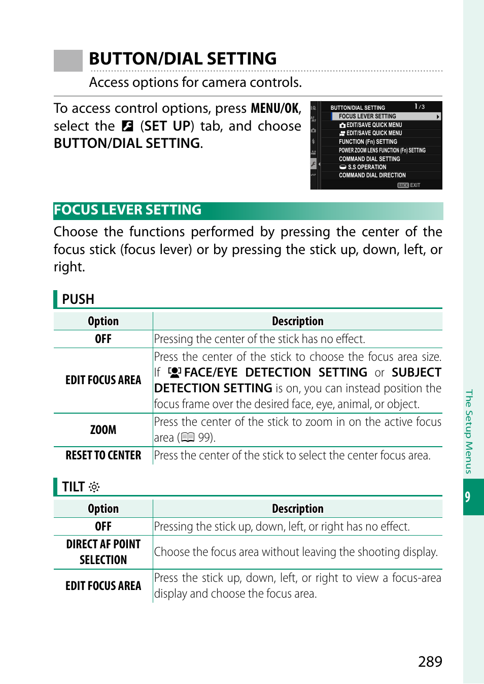Button/dial setting, Focus lever setting, Tilt o | FujiFilm X-S20 Mirrorless Camera with 18-55mm Lens (Black) User Manual | Page 315 / 424