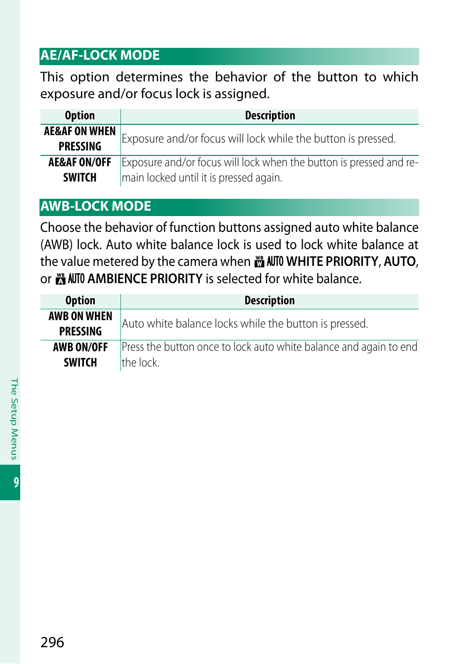 Ae/af-lock mode, Awb-lock mode, Ae/af-lock mode awb-lock mode | FujiFilm X-S20 Mirrorless Camera with 18-55mm Lens (Black) User Manual | Page 322 / 424