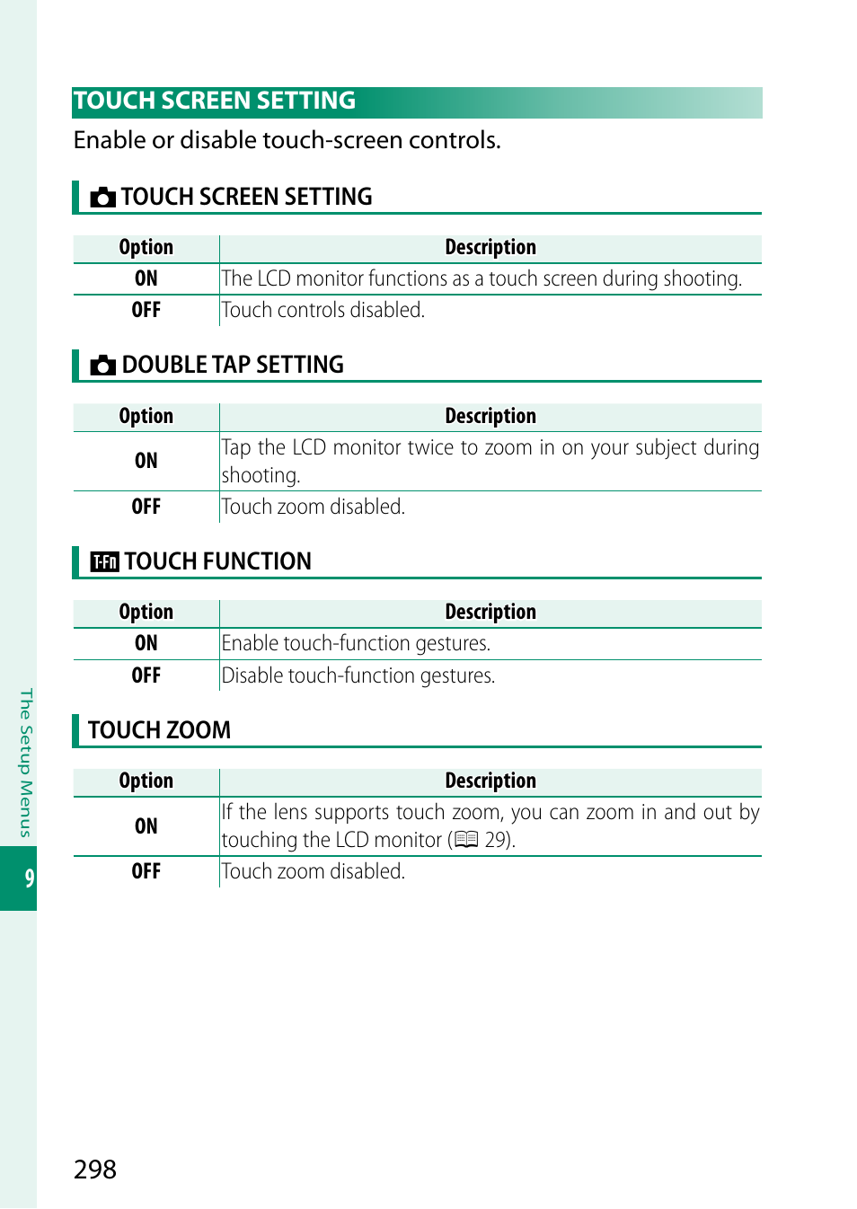 Touch screen setting | FujiFilm X-S20 Mirrorless Camera with 18-55mm Lens (Black) User Manual | Page 324 / 424