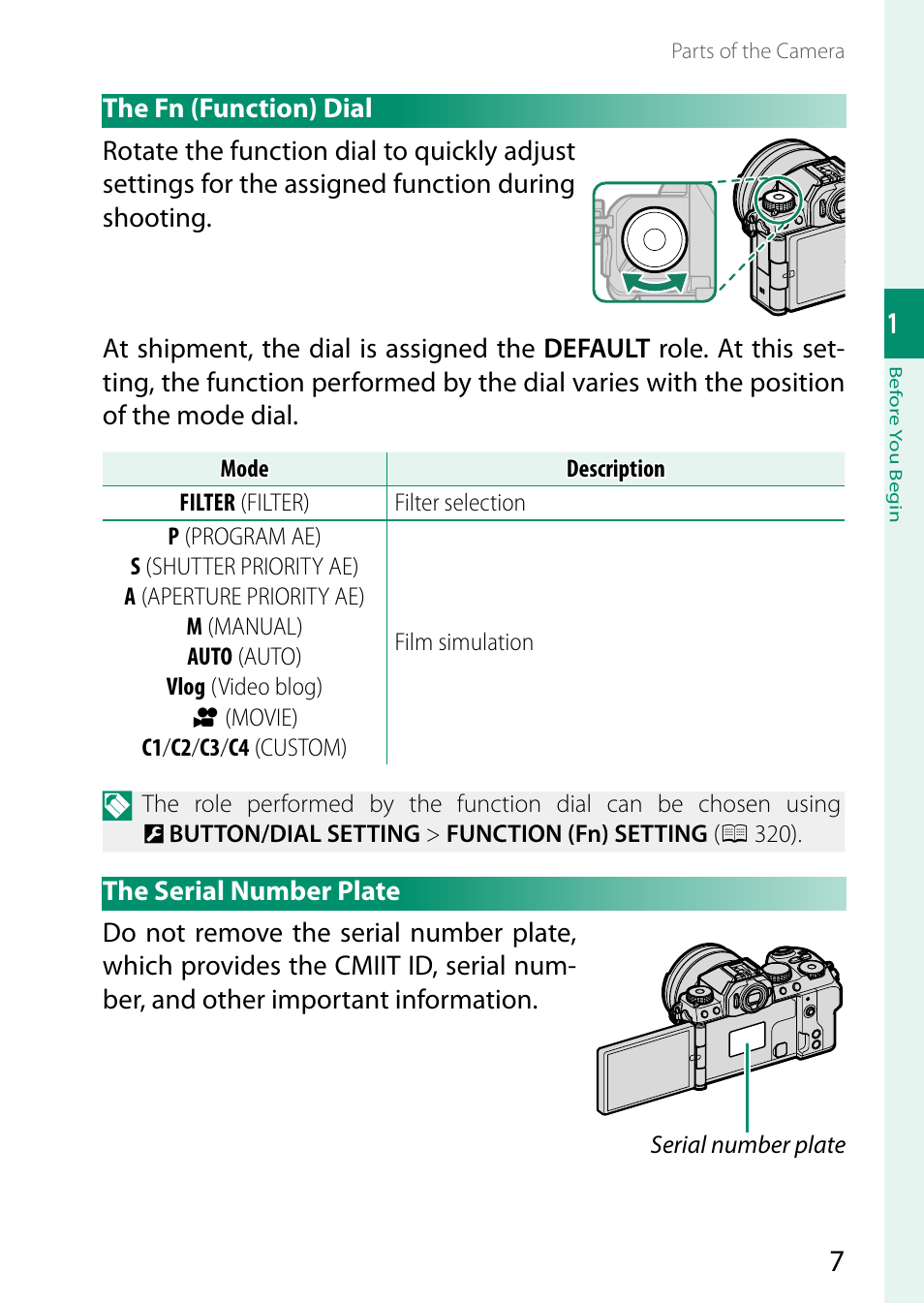 The fn (function) dial, The serial number plate, The fn (function) dial the serial number plate | FujiFilm X-S20 Mirrorless Camera with 18-55mm Lens (Black) User Manual | Page 33 / 424