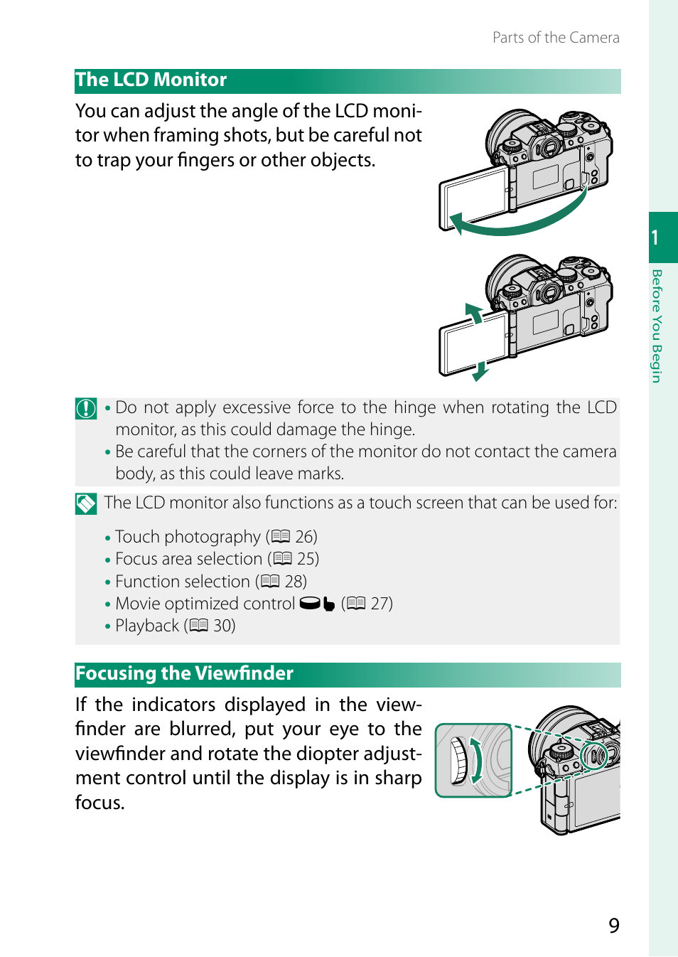 The lcd monitor, Focusing the viewfinder, The lcd monitor focusing the viewfi nder | FujiFilm X-S20 Mirrorless Camera with 18-55mm Lens (Black) User Manual | Page 35 / 424
