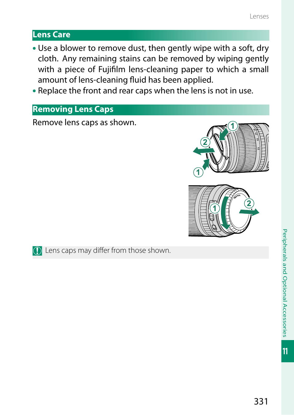 Lens care, Removing lens caps, Lens care removing lens caps | FujiFilm X-S20 Mirrorless Camera with 18-55mm Lens (Black) User Manual | Page 357 / 424