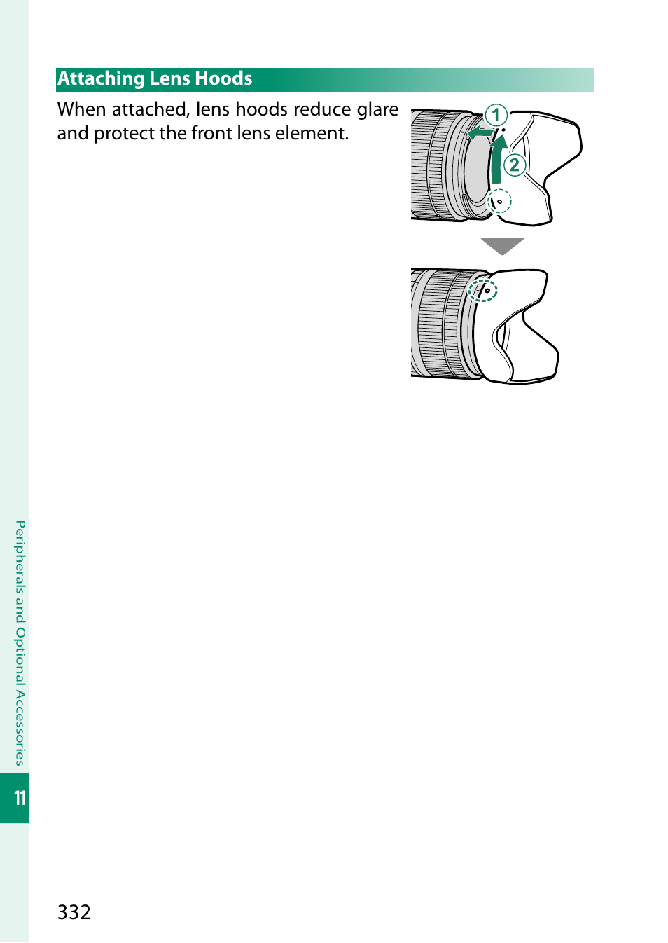 Attaching lens hoods | FujiFilm X-S20 Mirrorless Camera with 18-55mm Lens (Black) User Manual | Page 358 / 424