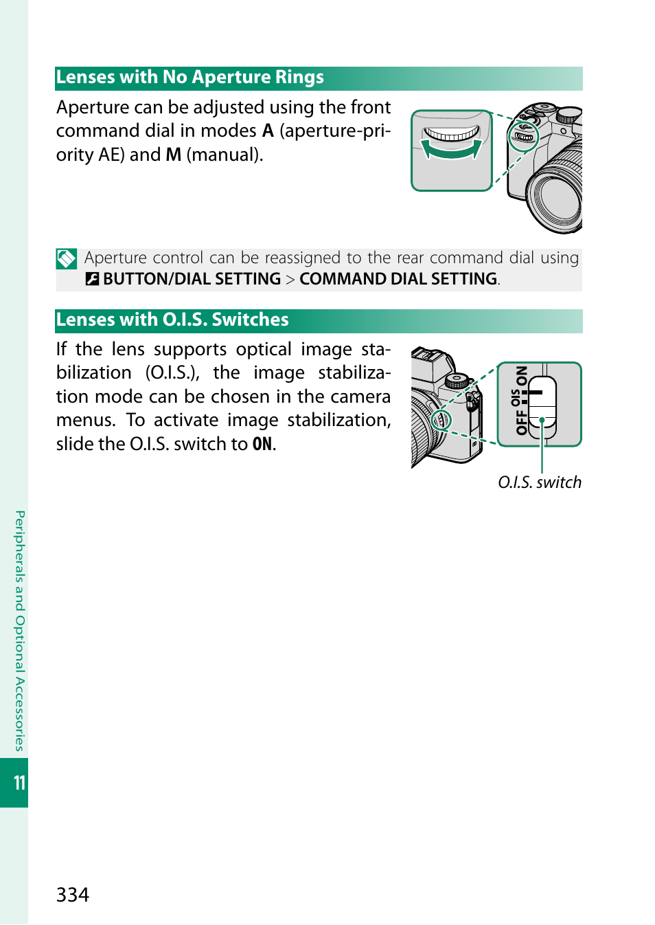 Lenses with no aperture rings, Lenses with o.i.s. switches | FujiFilm X-S20 Mirrorless Camera with 18-55mm Lens (Black) User Manual | Page 360 / 424