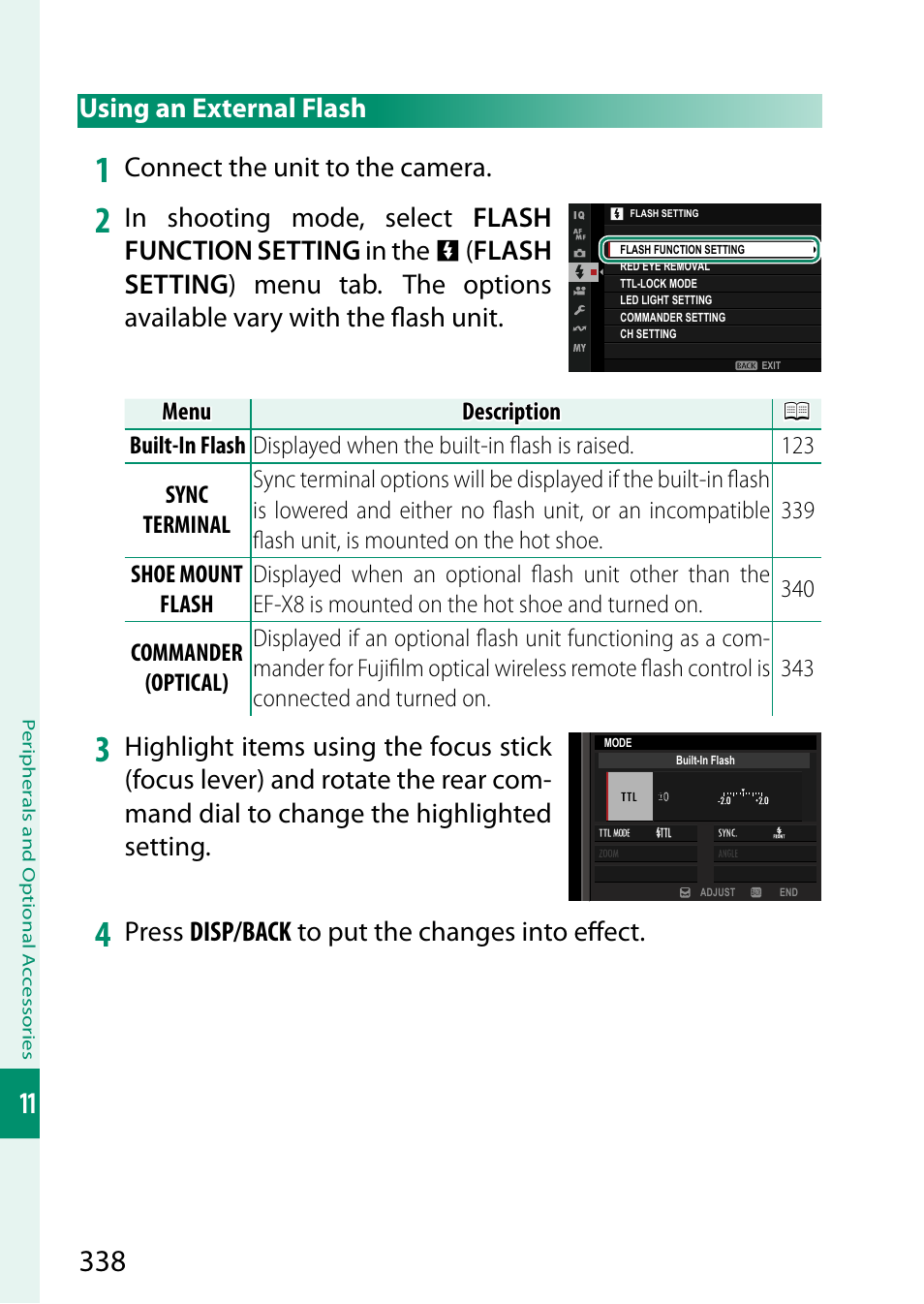 Using an external flash, Connect the unit to the camera, Press disp/back to put the changes into eff ect | FujiFilm X-S20 Mirrorless Camera with 18-55mm Lens (Black) User Manual | Page 364 / 424