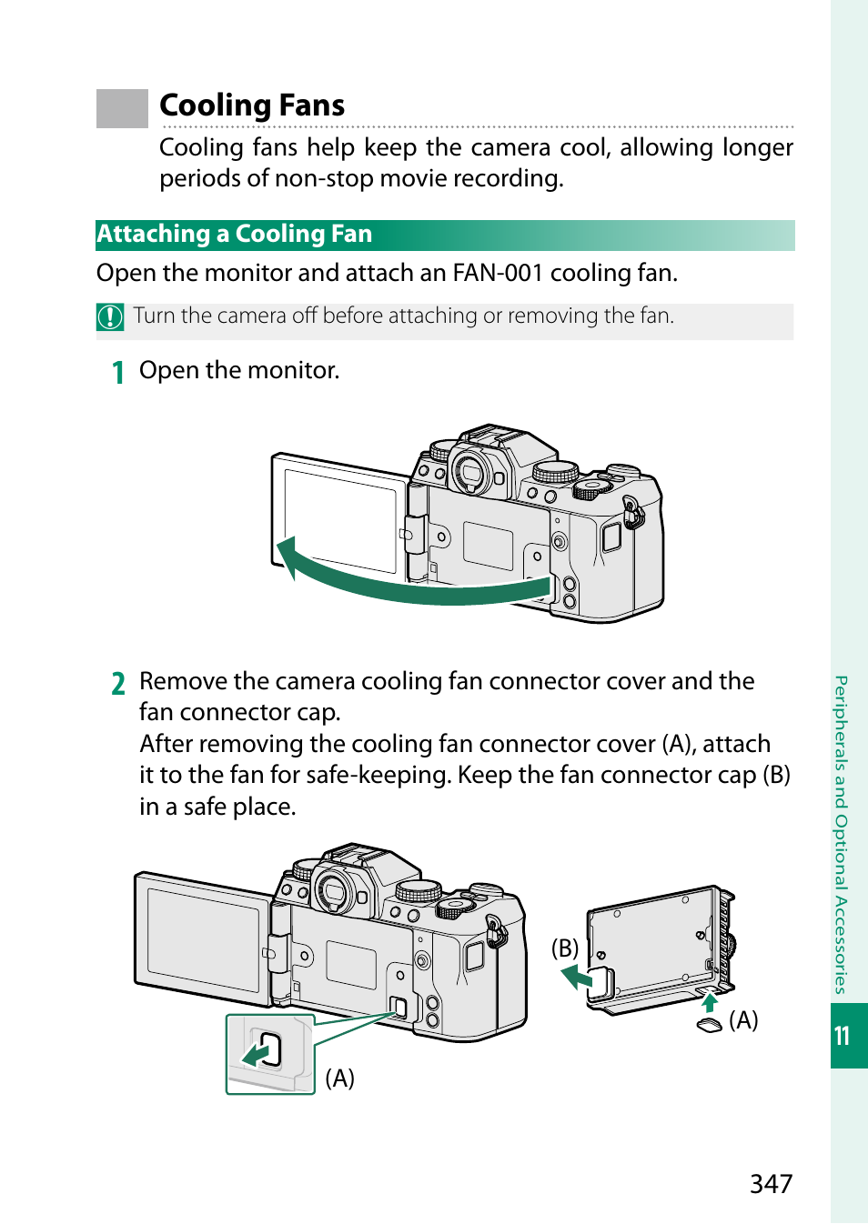 Cooling fans, Attaching a cooling fan | FujiFilm X-S20 Mirrorless Camera with 18-55mm Lens (Black) User Manual | Page 373 / 424