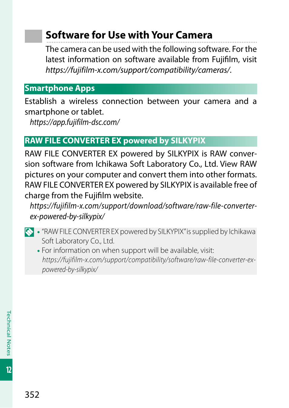 Software for use with your camera, Smartphone apps, Raw file converter ex powered by silkypix | FujiFilm X-S20 Mirrorless Camera with 18-55mm Lens (Black) User Manual | Page 378 / 424