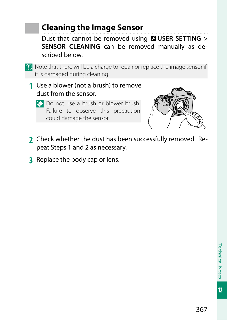 Cleaning the image sensor | FujiFilm X-S20 Mirrorless Camera with 18-55mm Lens (Black) User Manual | Page 393 / 424