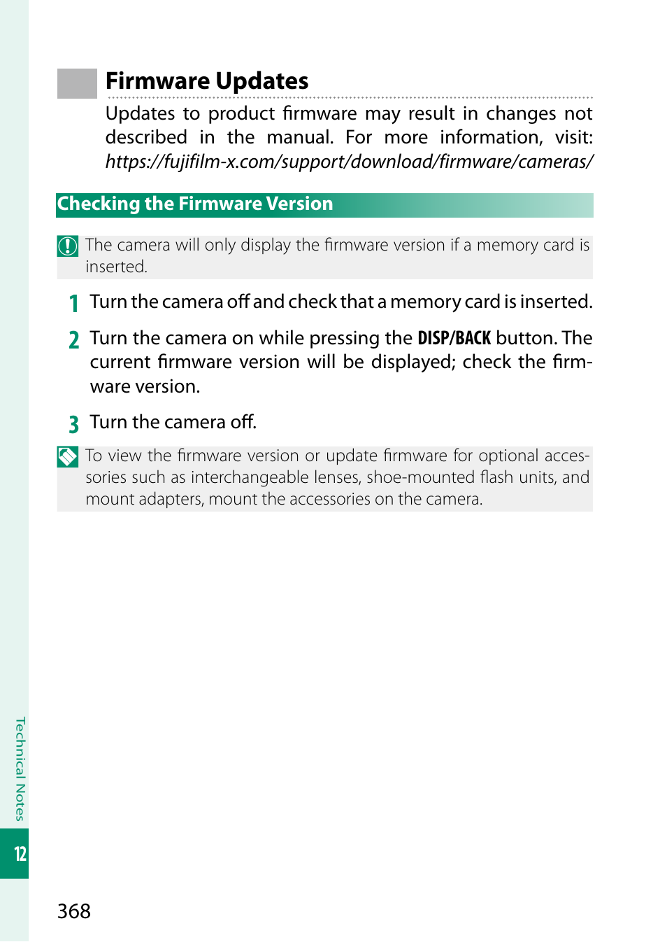 Firmware updates, Checking the firmware version | FujiFilm X-S20 Mirrorless Camera with 18-55mm Lens (Black) User Manual | Page 394 / 424