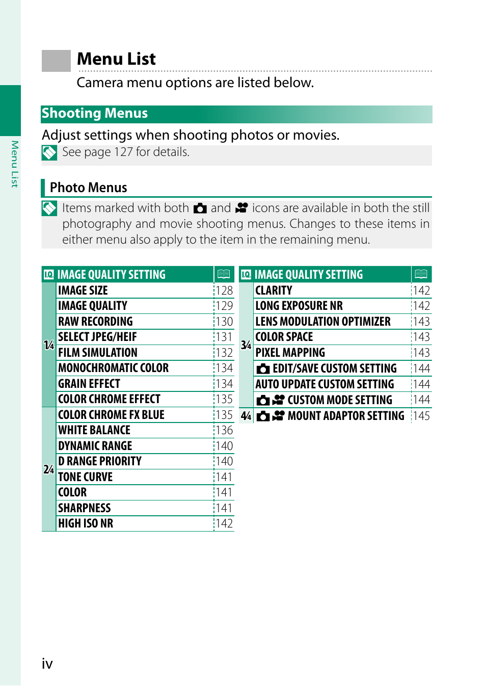 Menu list, Shooting menus | FujiFilm X-S20 Mirrorless Camera with 18-55mm Lens (Black) User Manual | Page 4 / 424