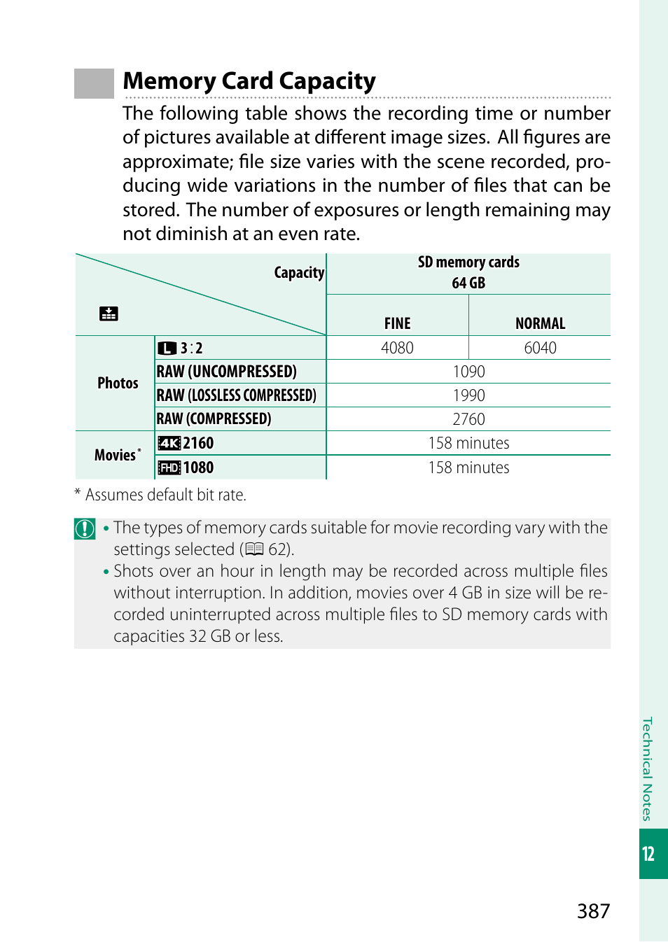 Memory card capacity | FujiFilm X-S20 Mirrorless Camera with 18-55mm Lens (Black) User Manual | Page 413 / 424