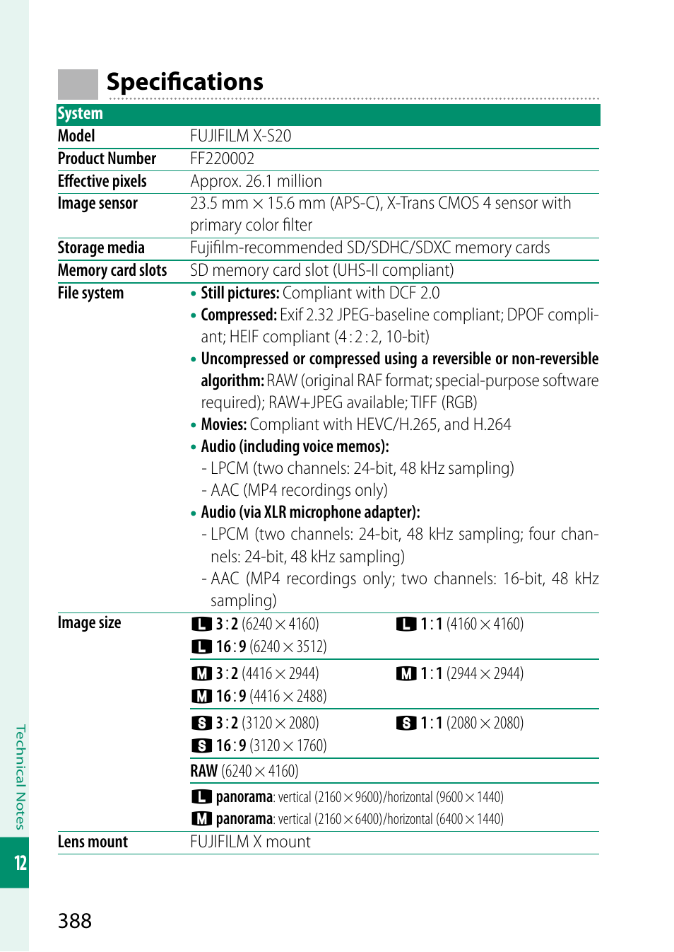 Specifications, Specifi cations | FujiFilm X-S20 Mirrorless Camera with 18-55mm Lens (Black) User Manual | Page 414 / 424