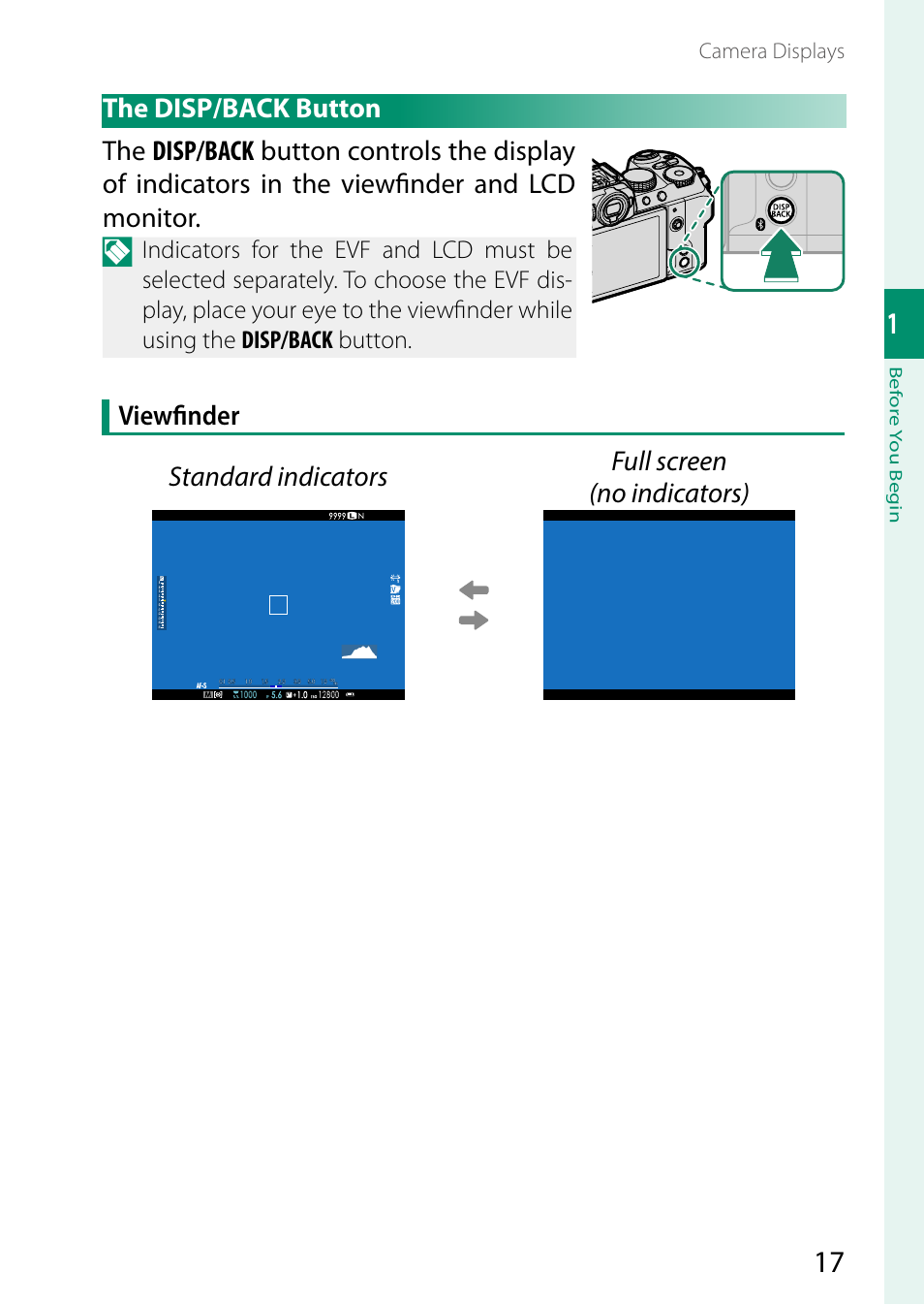 The disp/back button, Camera displays | FujiFilm X-S20 Mirrorless Camera with 18-55mm Lens (Black) User Manual | Page 43 / 424