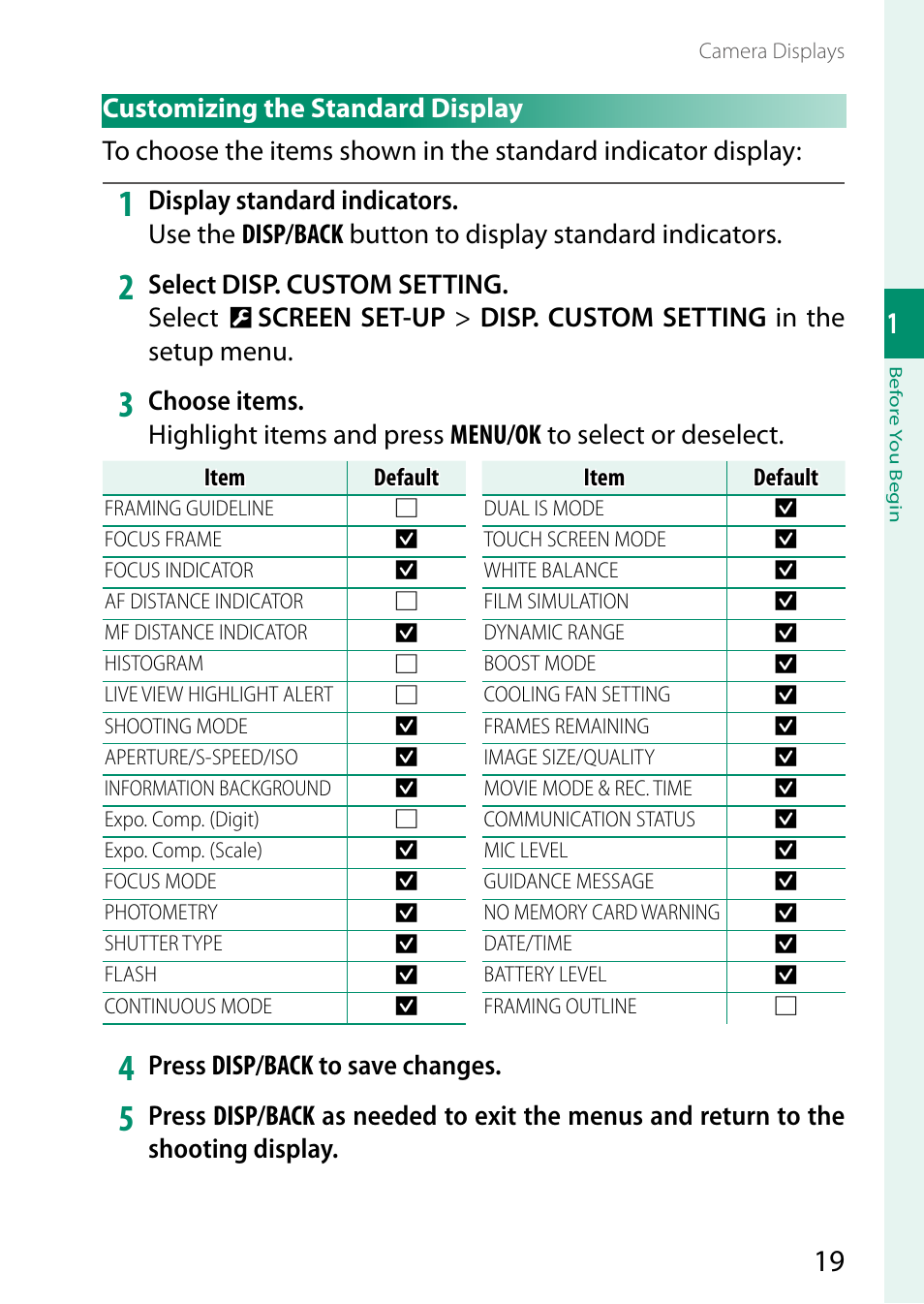 Customizing the standard display | FujiFilm X-S20 Mirrorless Camera with 18-55mm Lens (Black) User Manual | Page 45 / 424
