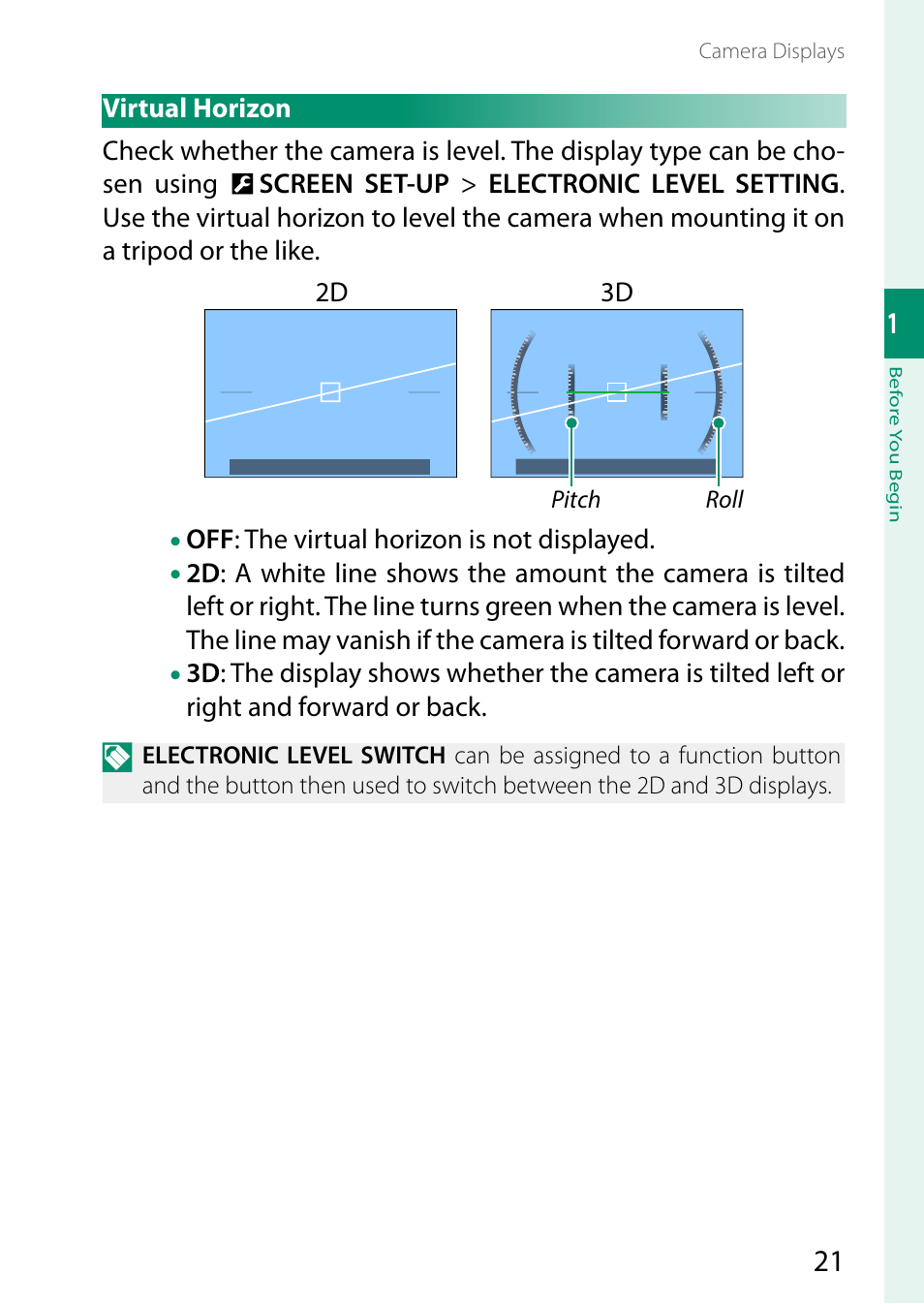 Virtual horizon | FujiFilm X-S20 Mirrorless Camera with 18-55mm Lens (Black) User Manual | Page 47 / 424
