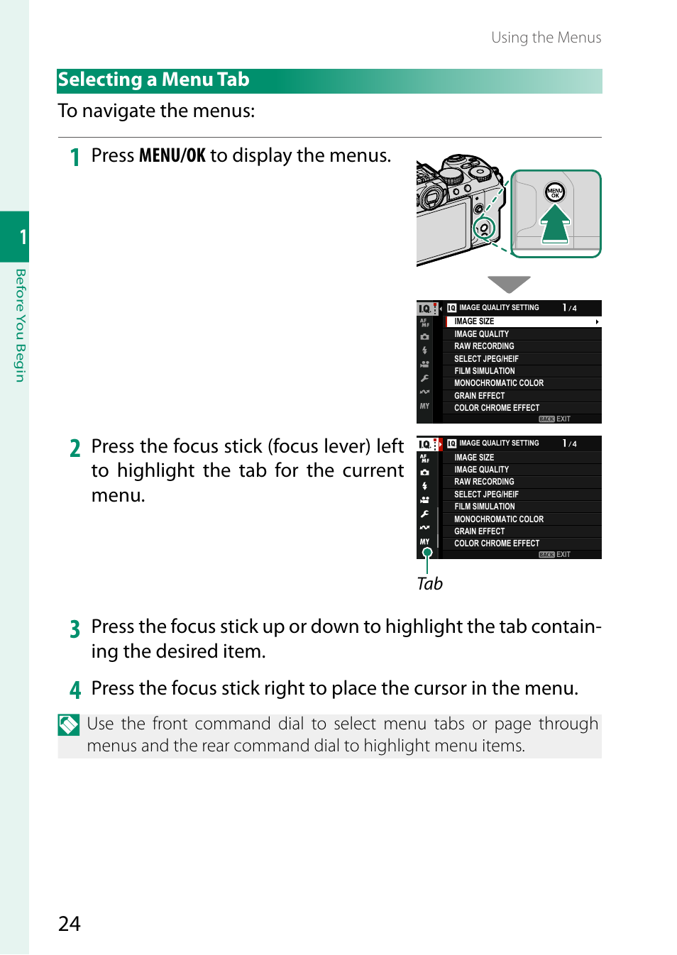 Selecting a menu tab, Selecting a menu tab to navigate the menus, Press menu/ok to display the menus | FujiFilm X-S20 Mirrorless Camera with 18-55mm Lens (Black) User Manual | Page 50 / 424