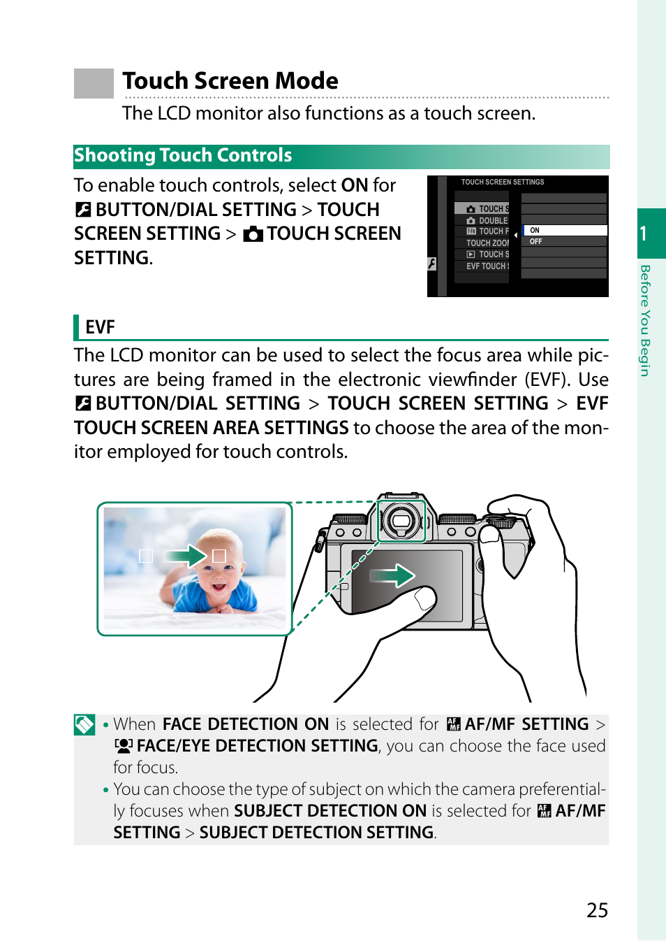 Touch screen mode, Shooting touch controls | FujiFilm X-S20 Mirrorless Camera with 18-55mm Lens (Black) User Manual | Page 51 / 424
