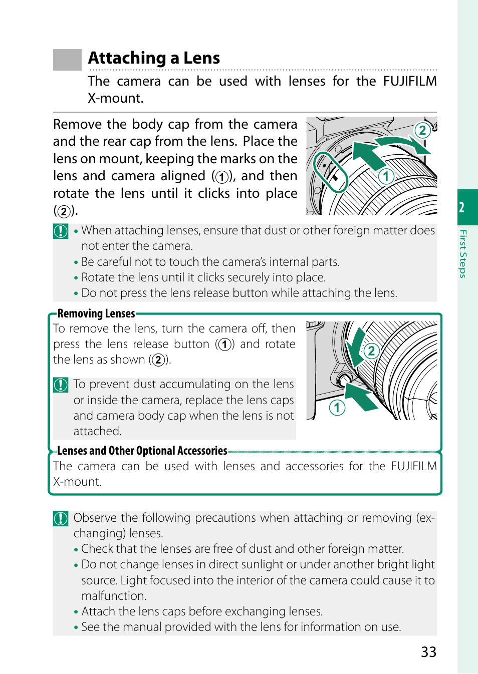 Attaching a lens | FujiFilm X-S20 Mirrorless Camera with 18-55mm Lens (Black) User Manual | Page 59 / 424
