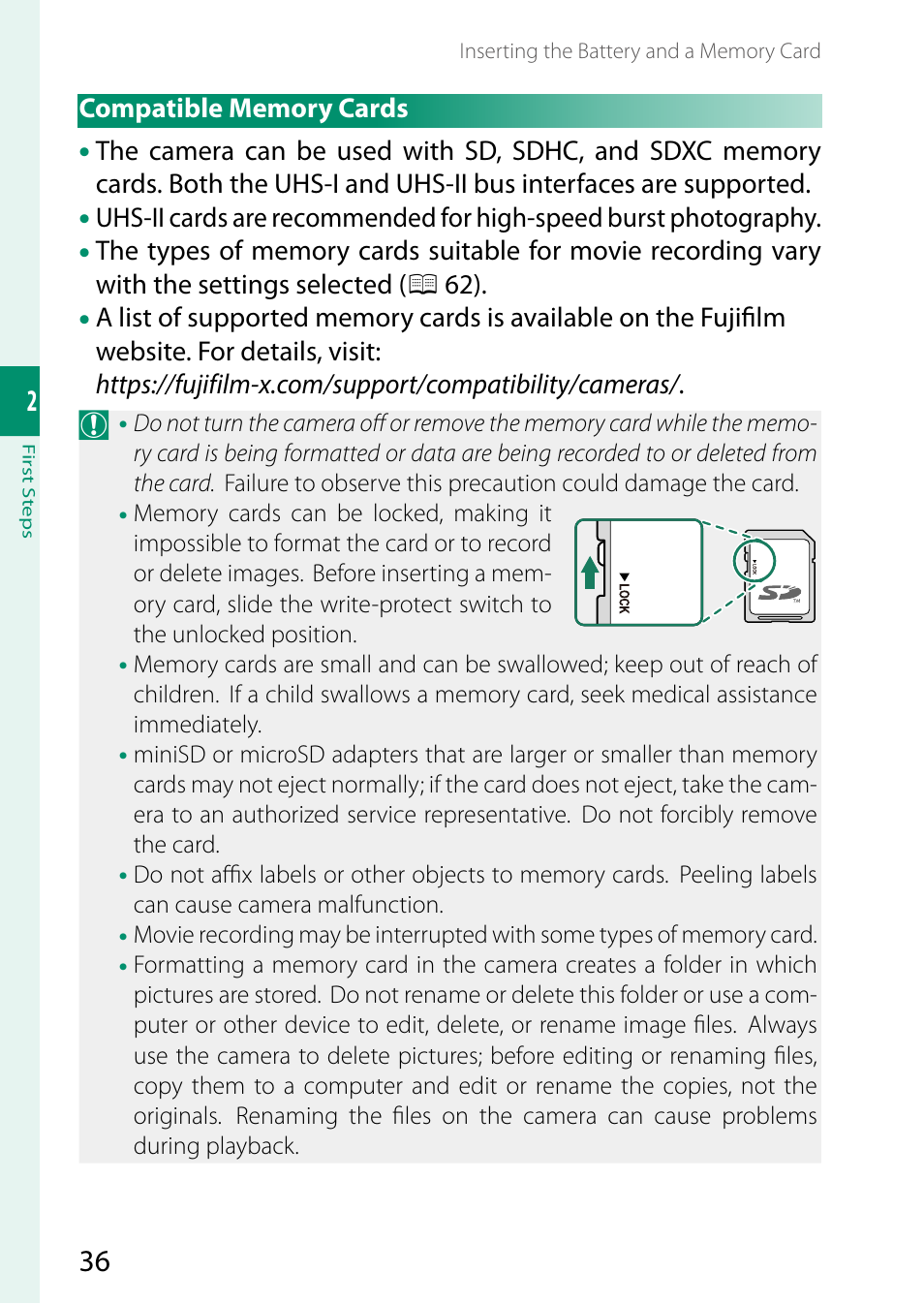 Compatible memory cards | FujiFilm X-S20 Mirrorless Camera with 18-55mm Lens (Black) User Manual | Page 62 / 424
