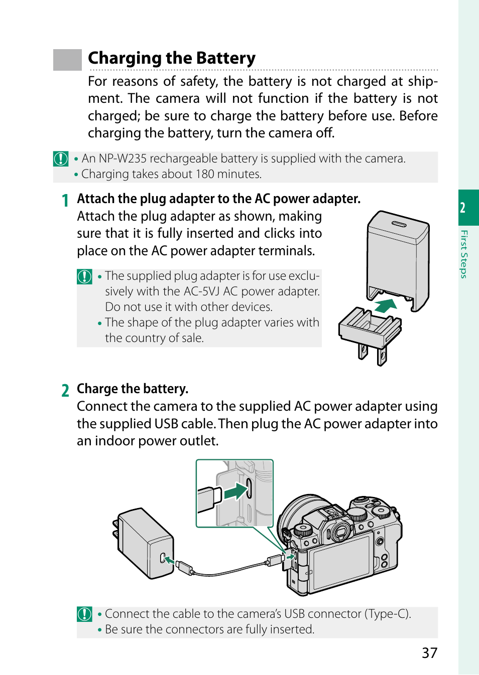 Charging the battery | FujiFilm X-S20 Mirrorless Camera with 18-55mm Lens (Black) User Manual | Page 63 / 424