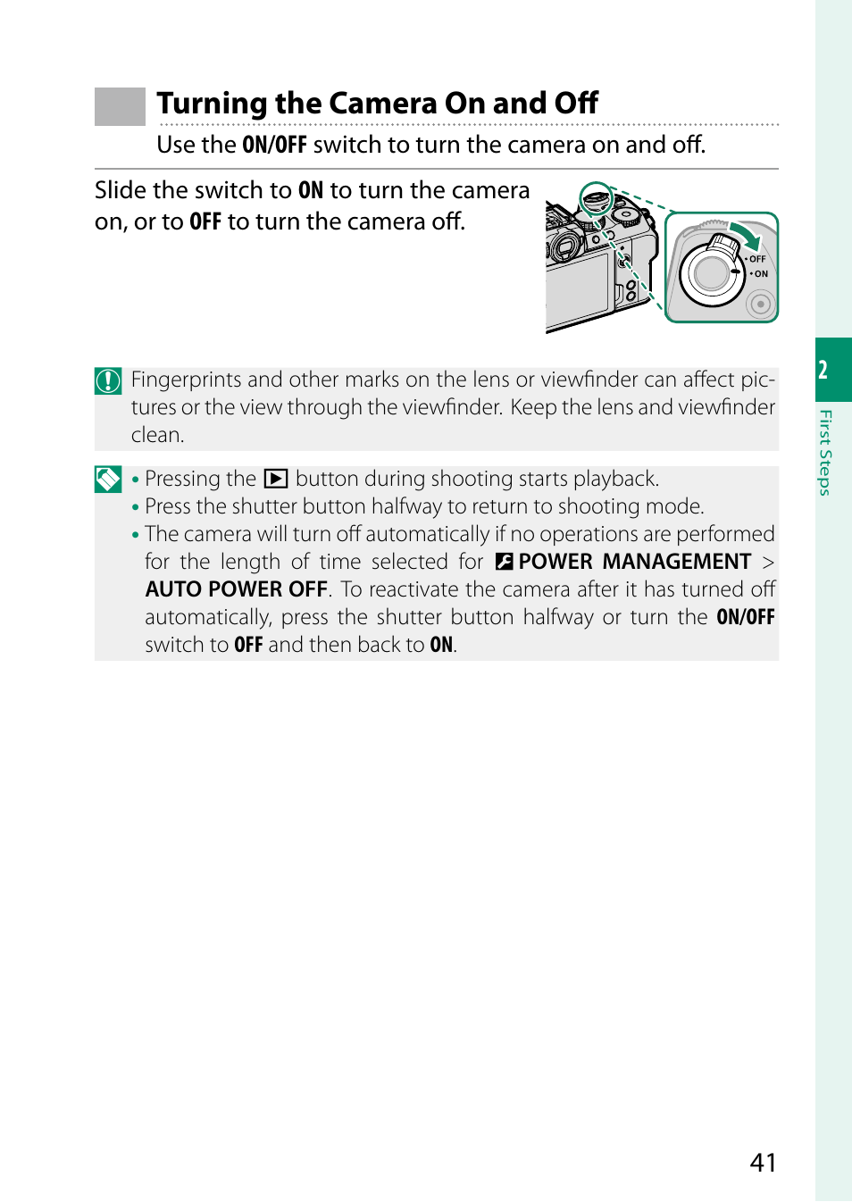 Turning the camera on and off | FujiFilm X-S20 Mirrorless Camera with 18-55mm Lens (Black) User Manual | Page 67 / 424