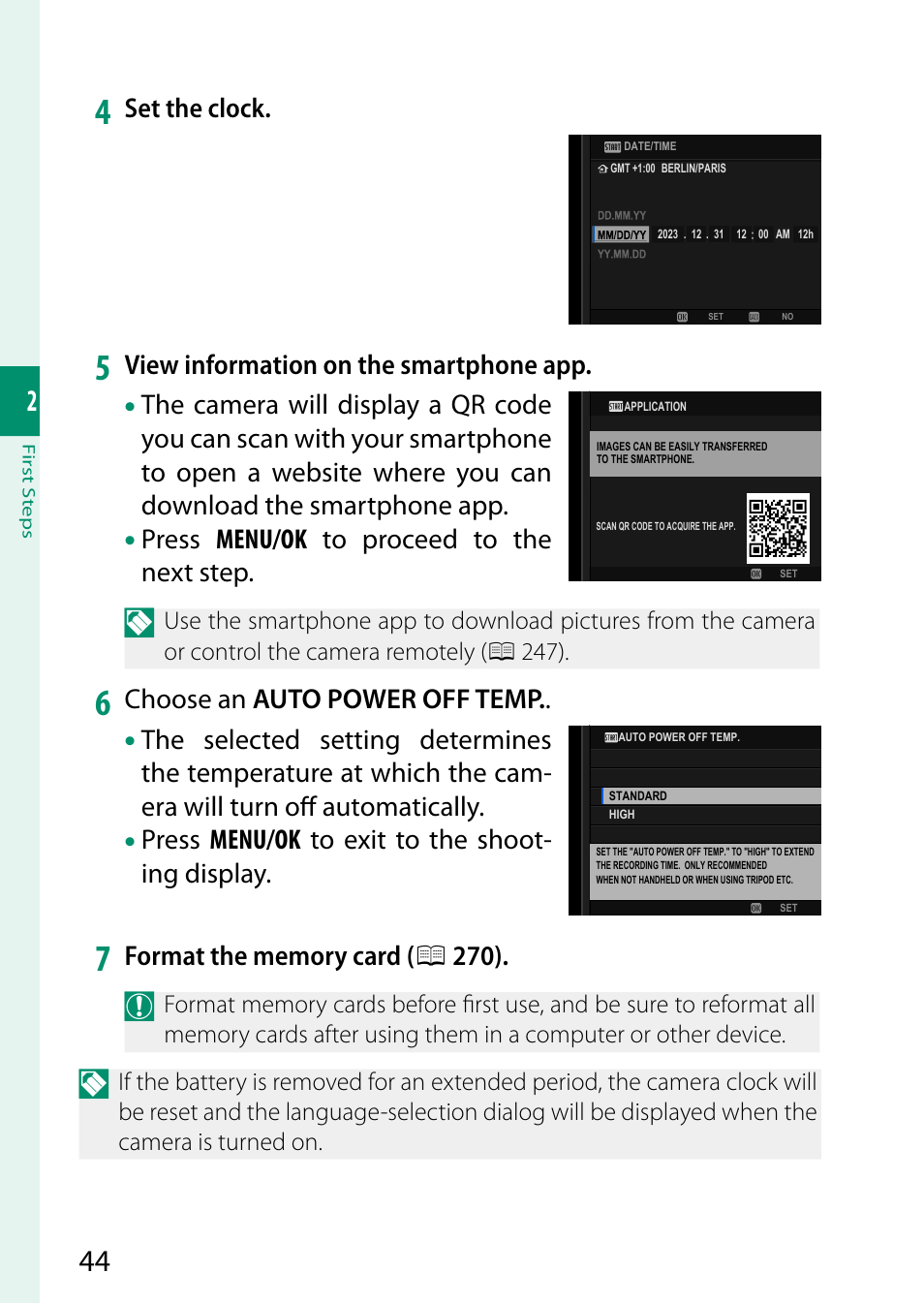 Set the clock, View information on the smartphone app, Press menu/ok to proceed to the next step | Choose an auto power off temp, Press menu/ok to exit to the shoot- ing display | FujiFilm X-S20 Mirrorless Camera with 18-55mm Lens (Black) User Manual | Page 70 / 424