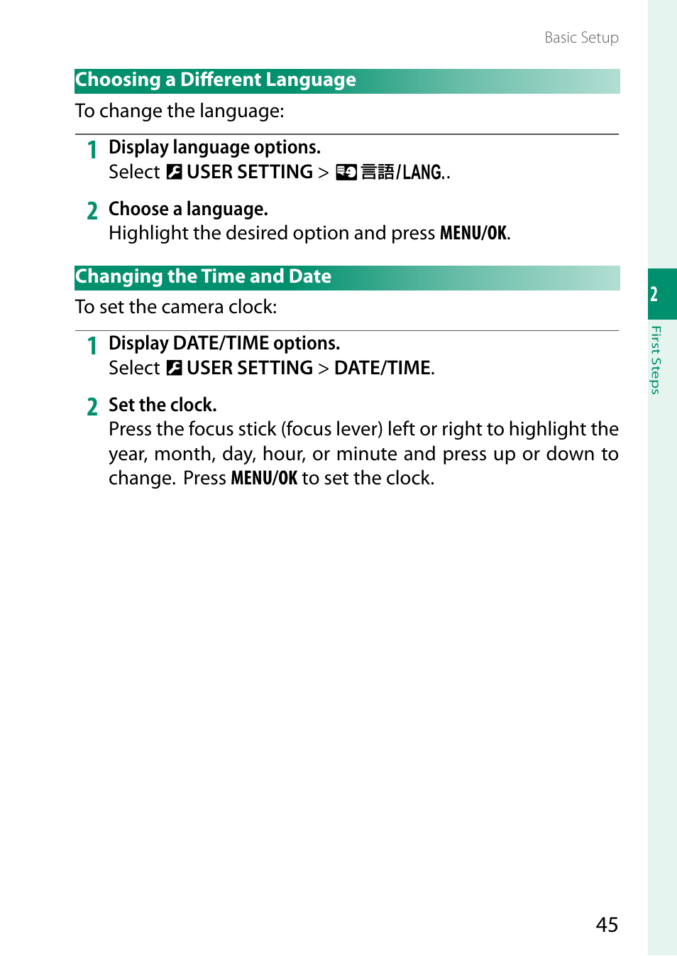 Choosing a different language, Changing the time and date | FujiFilm X-S20 Mirrorless Camera with 18-55mm Lens (Black) User Manual | Page 71 / 424