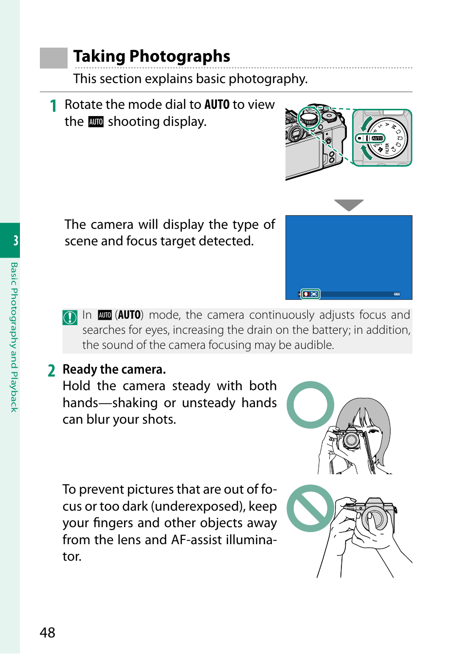 Taking photographs | FujiFilm X-S20 Mirrorless Camera with 18-55mm Lens (Black) User Manual | Page 74 / 424