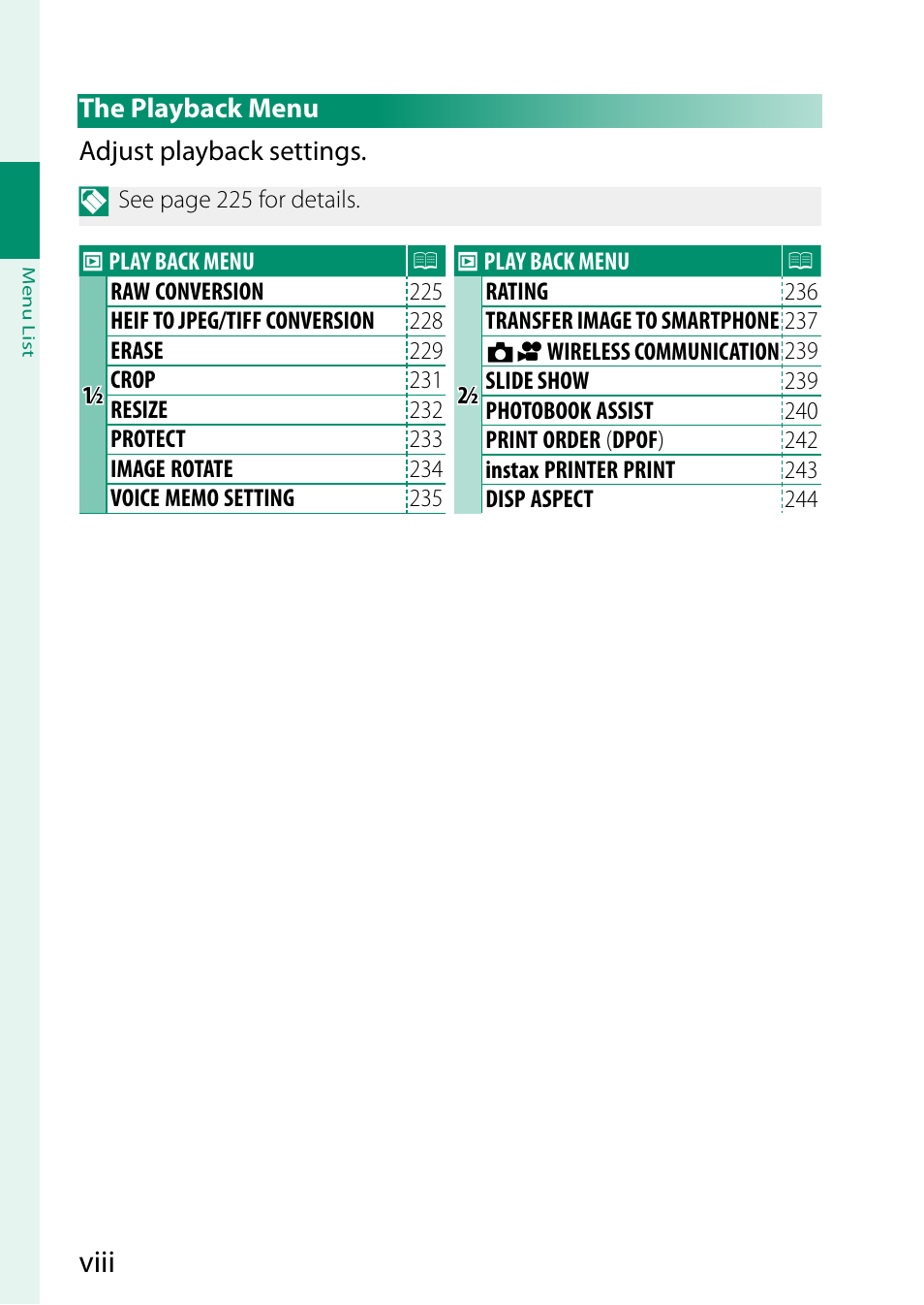 The playback menu, Viii | FujiFilm X-S20 Mirrorless Camera with 18-55mm Lens (Black) User Manual | Page 8 / 424