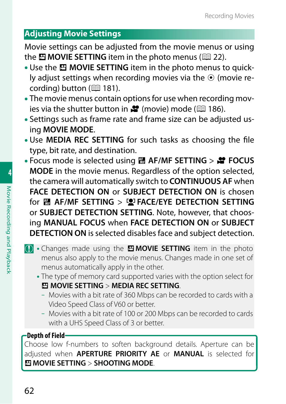 Adjusting movie settings | FujiFilm X-S20 Mirrorless Camera with 18-55mm Lens (Black) User Manual | Page 88 / 424