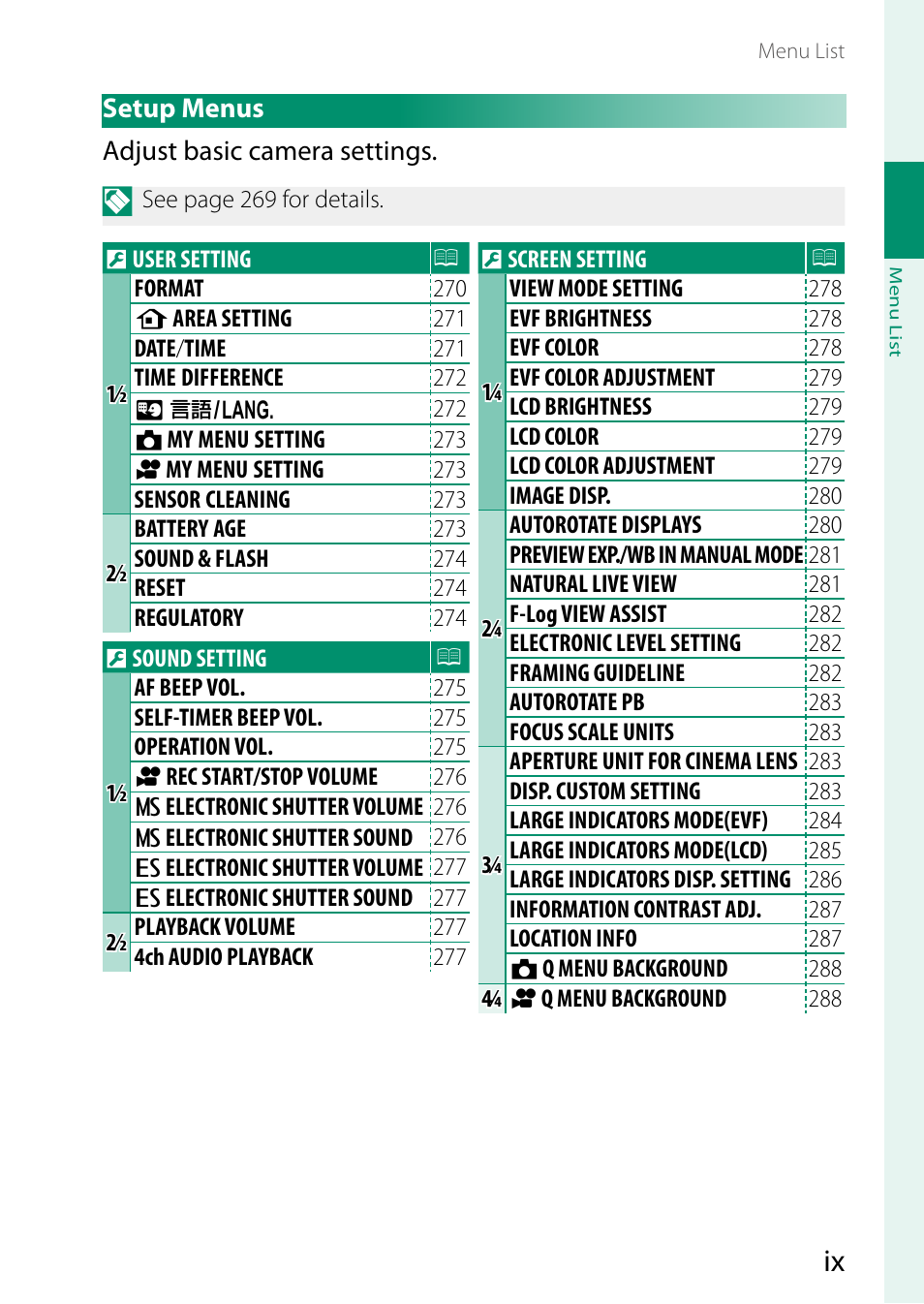 Setup menus | FujiFilm X-S20 Mirrorless Camera with 18-55mm Lens (Black) User Manual | Page 9 / 424