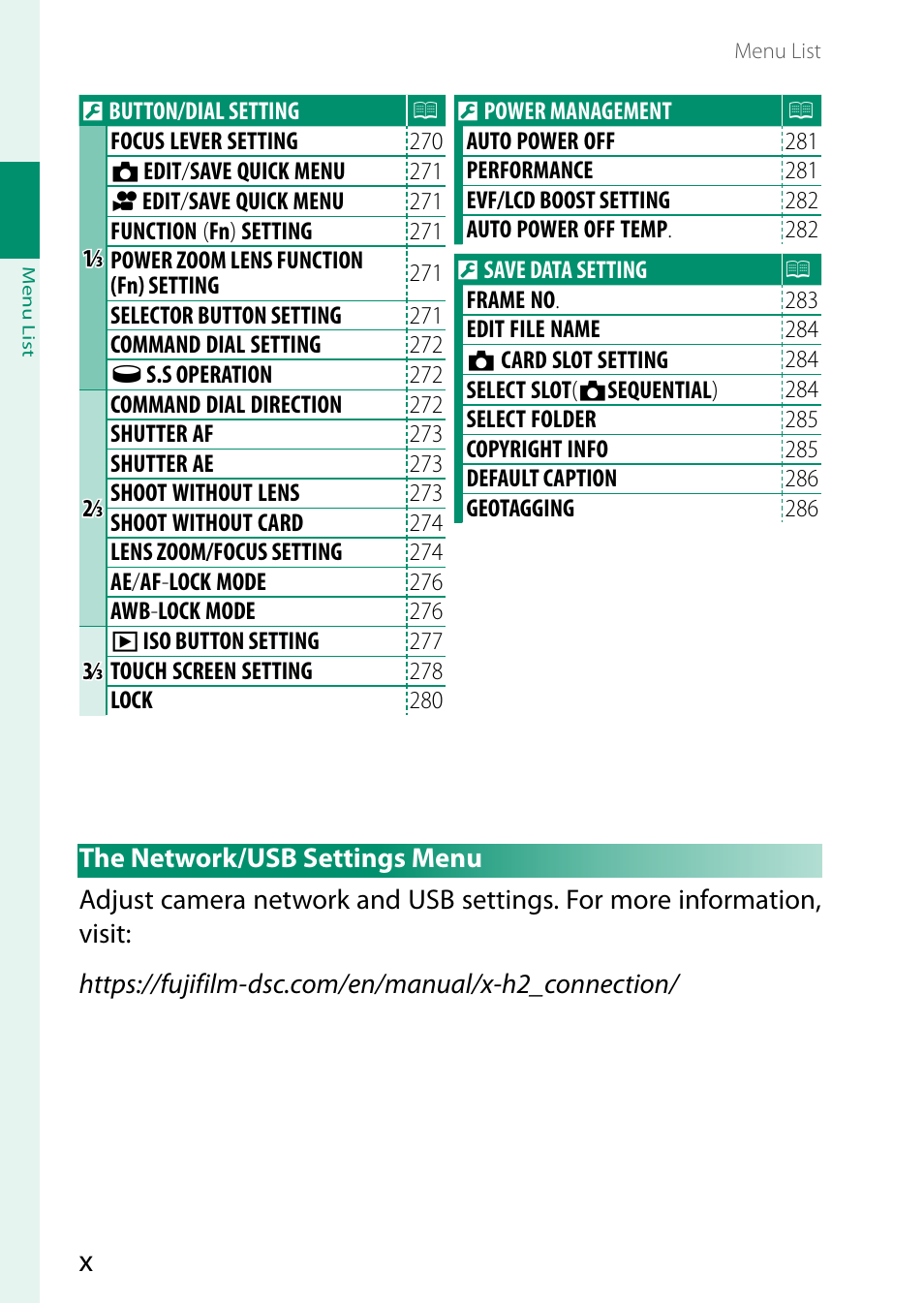 The network/usb settings menu | FujiFilm X-H2 Mirrorless Camera User Manual | Page 10 / 404