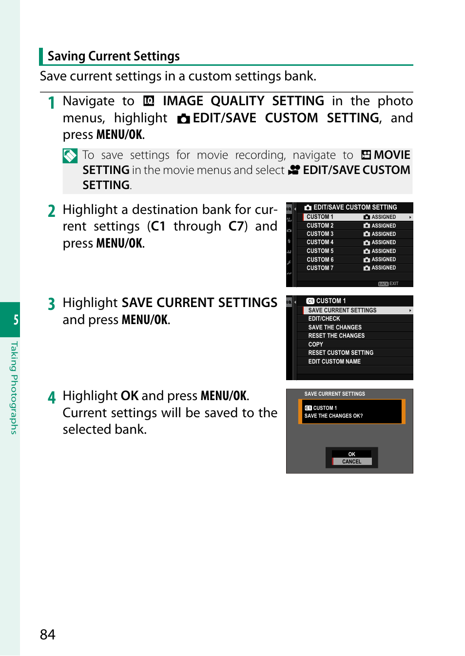 Edit/save custom setting , and press menu/ok, Highlight save current settings and press menu/ok | FujiFilm X-H2 Mirrorless Camera User Manual | Page 108 / 404