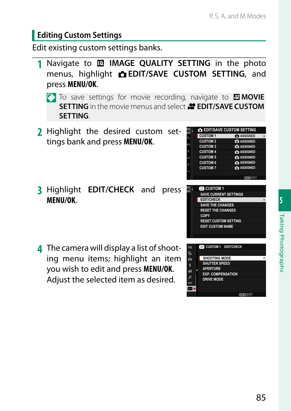 Edit/save custom setting , and press menu/ok, Highlight edit/check and press menu/ok | FujiFilm X-H2 Mirrorless Camera User Manual | Page 109 / 404