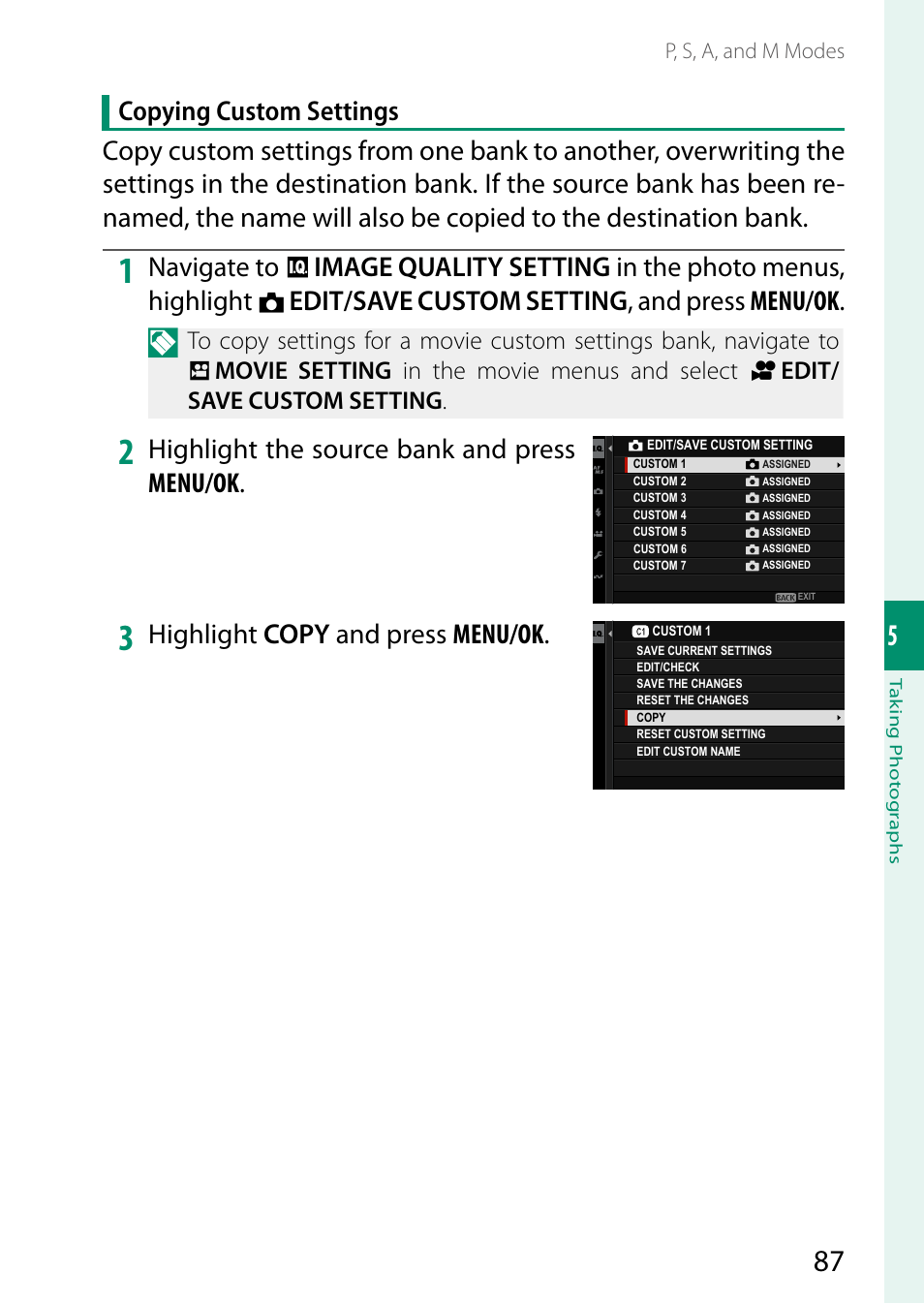 Edit/save custom setting , and press menu/ok, Highlight the source bank and press menu/ok, Highlight copy and press menu/ok | FujiFilm X-H2 Mirrorless Camera User Manual | Page 111 / 404