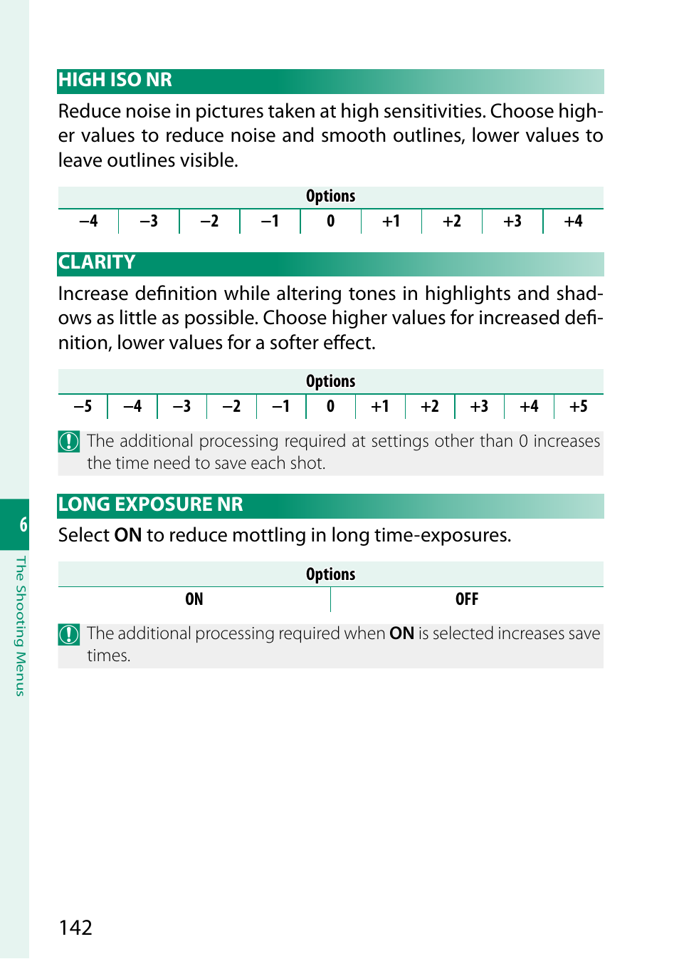 High iso nr, Clarity, Long exposure nr | High iso nr clarity long exposure nr | FujiFilm X-H2 Mirrorless Camera User Manual | Page 166 / 404