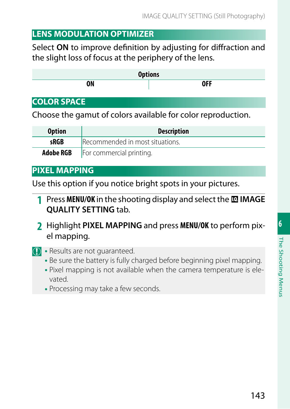 Lens modulation optimizer, Color space, Pixel mapping | FujiFilm X-H2 Mirrorless Camera User Manual | Page 167 / 404