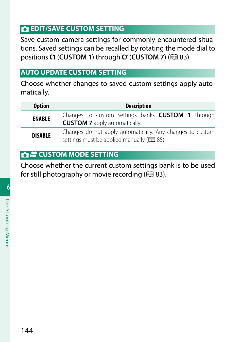 Edit/save custom setting, Auto update custom setting, Custom mode setting | FujiFilm X-H2 Mirrorless Camera User Manual | Page 168 / 404