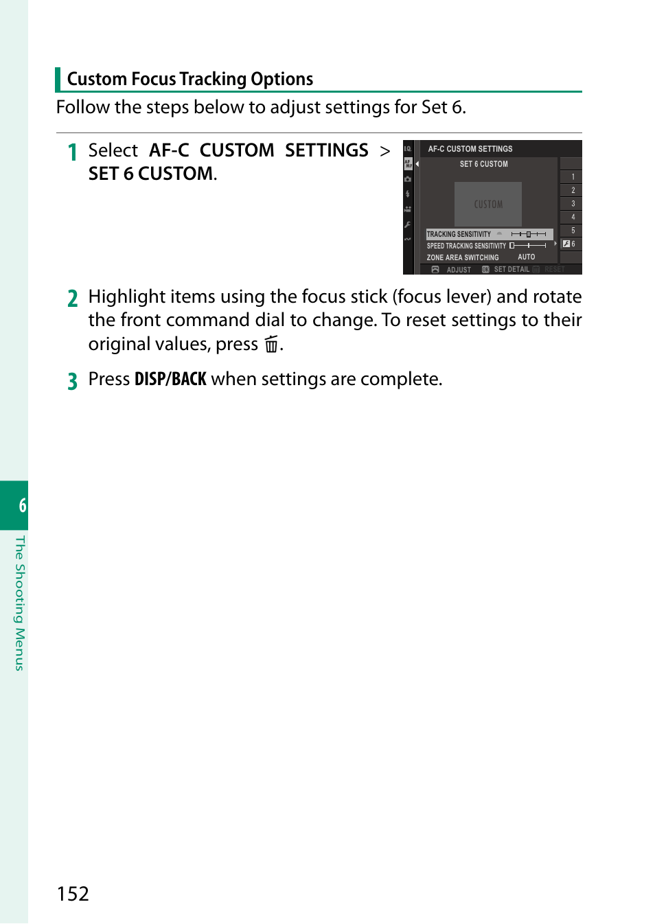 Select af-c custom settings > set 6 custom, Press disp/back when settings are complete | FujiFilm X-H2 Mirrorless Camera User Manual | Page 176 / 404