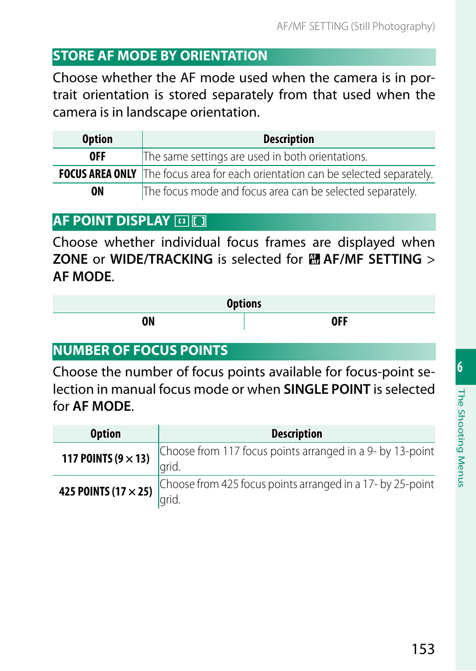 Store af mode by orientation, Af point display, Number of focus points | Store af mode by orientation af point display | FujiFilm X-H2 Mirrorless Camera User Manual | Page 177 / 404