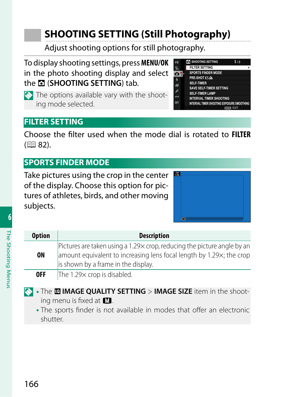 Shooting setting (still photography), Filter setting, Sports finder mode | Filter setting sports finder mode | FujiFilm X-H2 Mirrorless Camera User Manual | Page 190 / 404