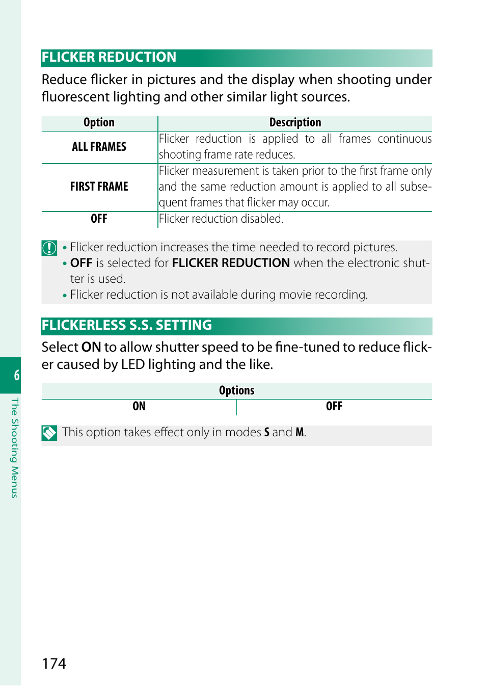 Flicker reduction, Flickerless s.s. setting, Flicker reduction flickerless s.s. setting | FujiFilm X-H2 Mirrorless Camera User Manual | Page 198 / 404