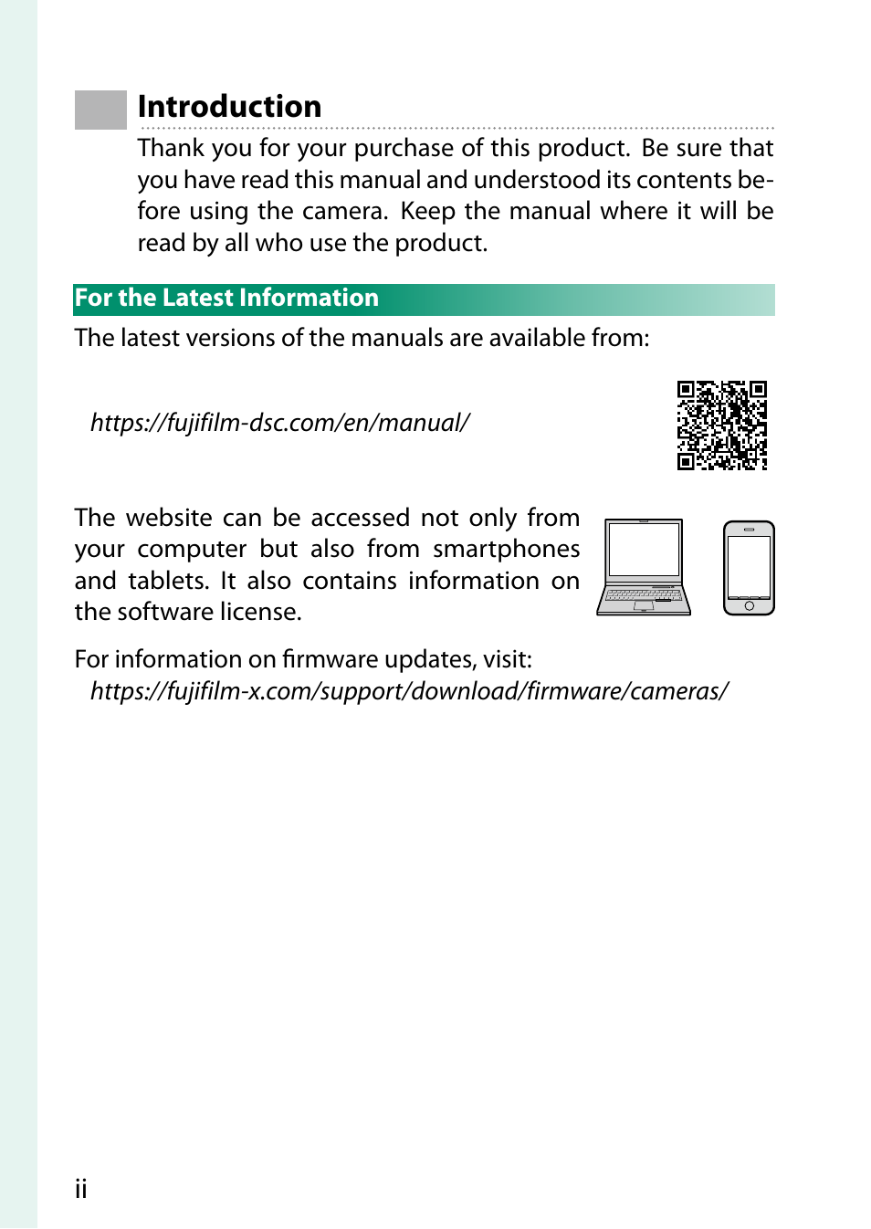 Introduction, For the latest information | FujiFilm X-H2 Mirrorless Camera User Manual | Page 2 / 404